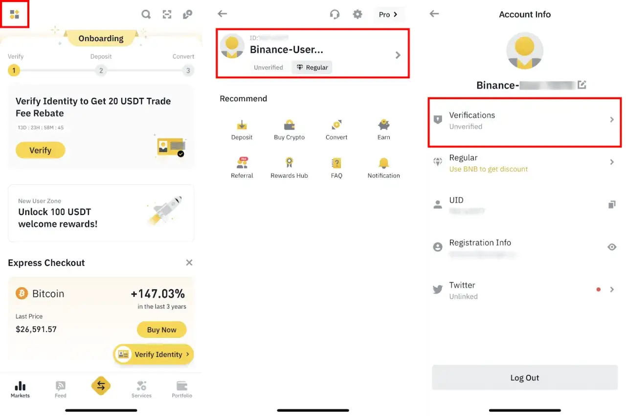 Ekran aplikacji Binance pokazuje proces weryfikacji tożsamości. Użytkownik może rozpocząć weryfikację, aby otrzymać zniżkę na opłaty handlowe.