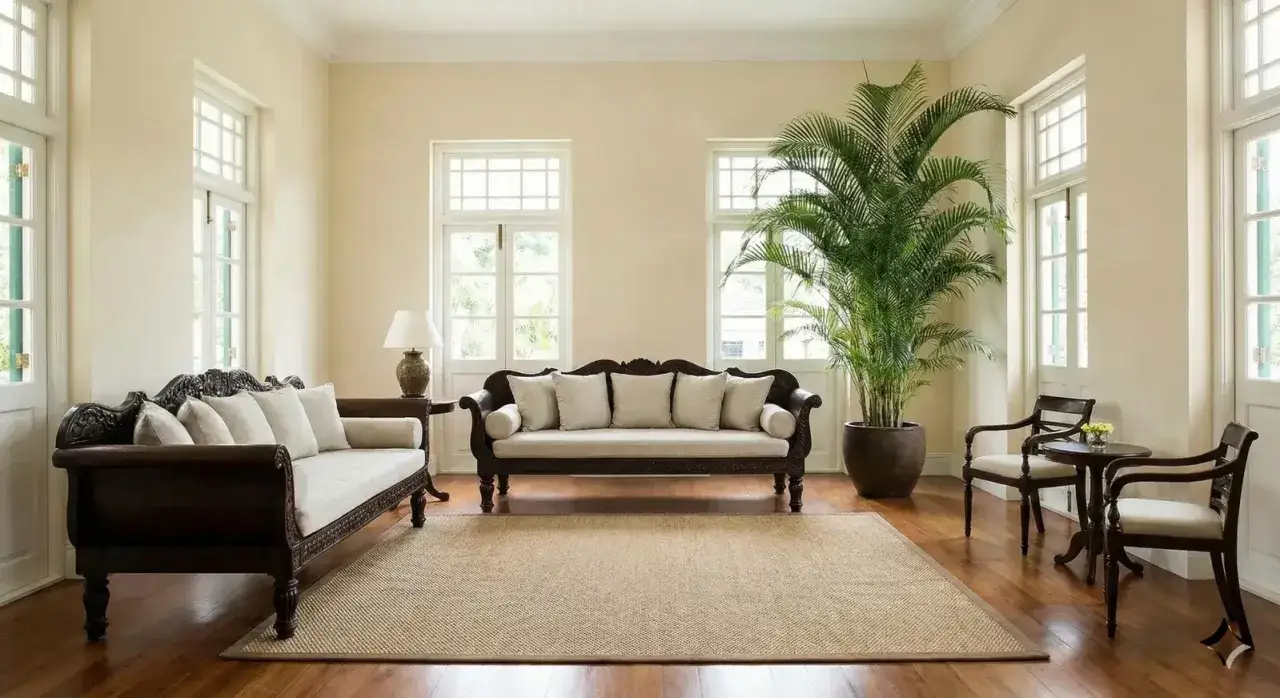 Ein Wohnzimmer im kolonial stil mit dunklen Holzm&ouml;beln, hellen Kissen und einer gro&szlig;en Palme.