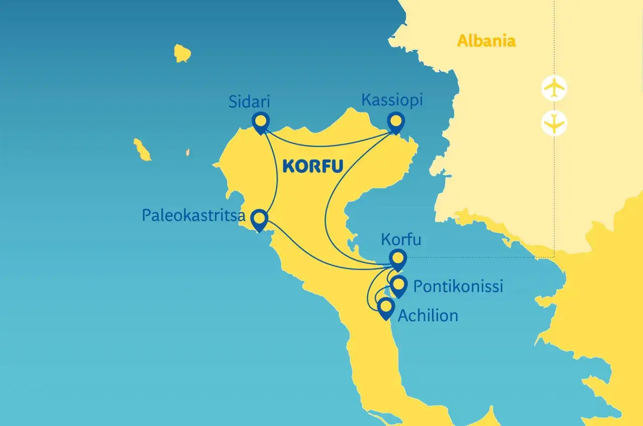 Mapa Korfu z zaznaczonymi miejscami: Sidari, Kassiopi, Paleokastritsa, Korfu, Pontikonissi, Achilion. Widać też lotnisko na Korfu i Albanię.