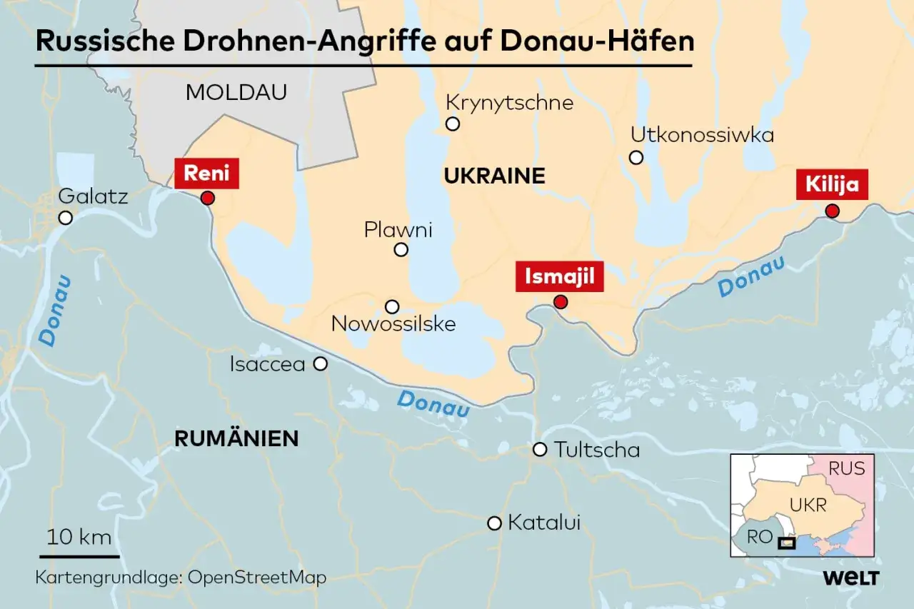 Karte zeigt russische Drohnen-Angriffe auf ukrainische Donau-Häfen wie Reni und Ismajil, nahe der rumänischen Grenze.