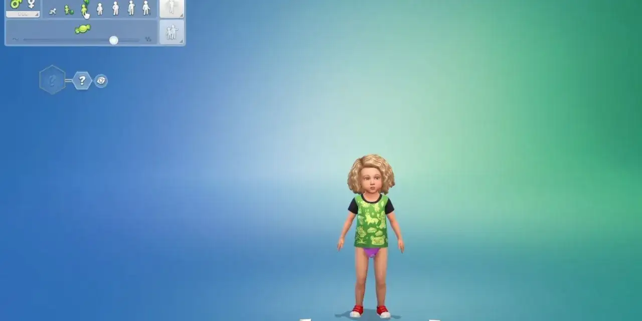 Małe dziecko w The Sims 4, gotowe na zmianę wieku dzięki kodowi na postarzenie sima.
