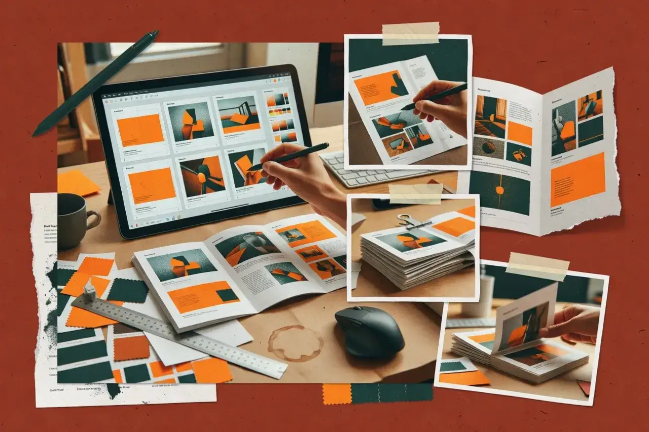 Diseño de folletos en tablet. Muestra el proceso creativo con herramientas digitales y físicas, ideal para quienes buscan programas para hacer folletos.
