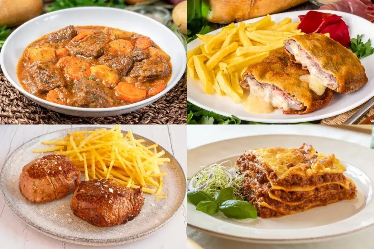 Cuatro platos: estofado de ternera, carne empanada rellena, solomillos con patatas y lasa&ntilde;a. La ternera es carne magra.