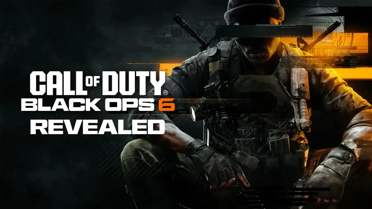 Un soldado se agacha, listo para la acción. El logo de Call of Duty Black Ops 6 Revelado ilumina la escena.