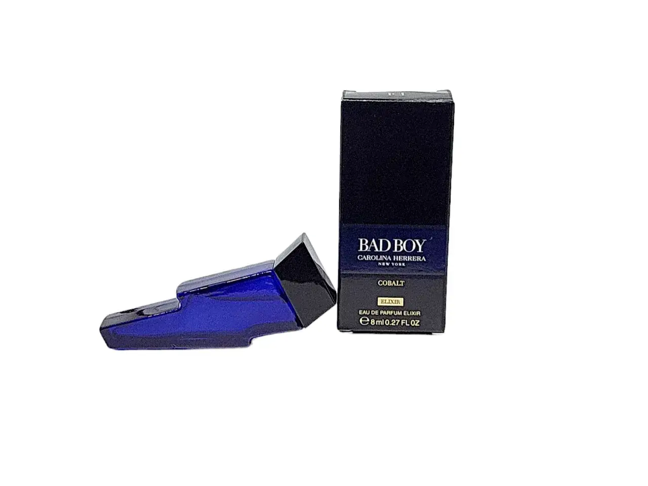 Niebieski flakonik i pudełko perfum Bad Boy Carolina Herrera Cobalt Elixir 8ml.