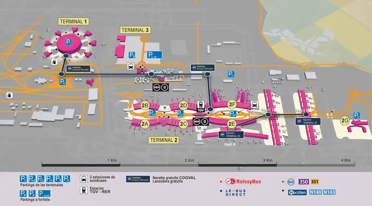 Mapa del aeropuerto Charles de Gaulle con sus terminales, parkings, lanzaderas CDGVAL, RER B, TGV y autobuses.