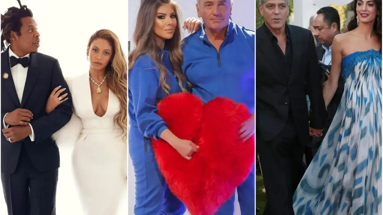 Jay-Z i Beyoncé, para z młodszym partnerem, trzymają się za ręce. Obok George i Amal Clooney.