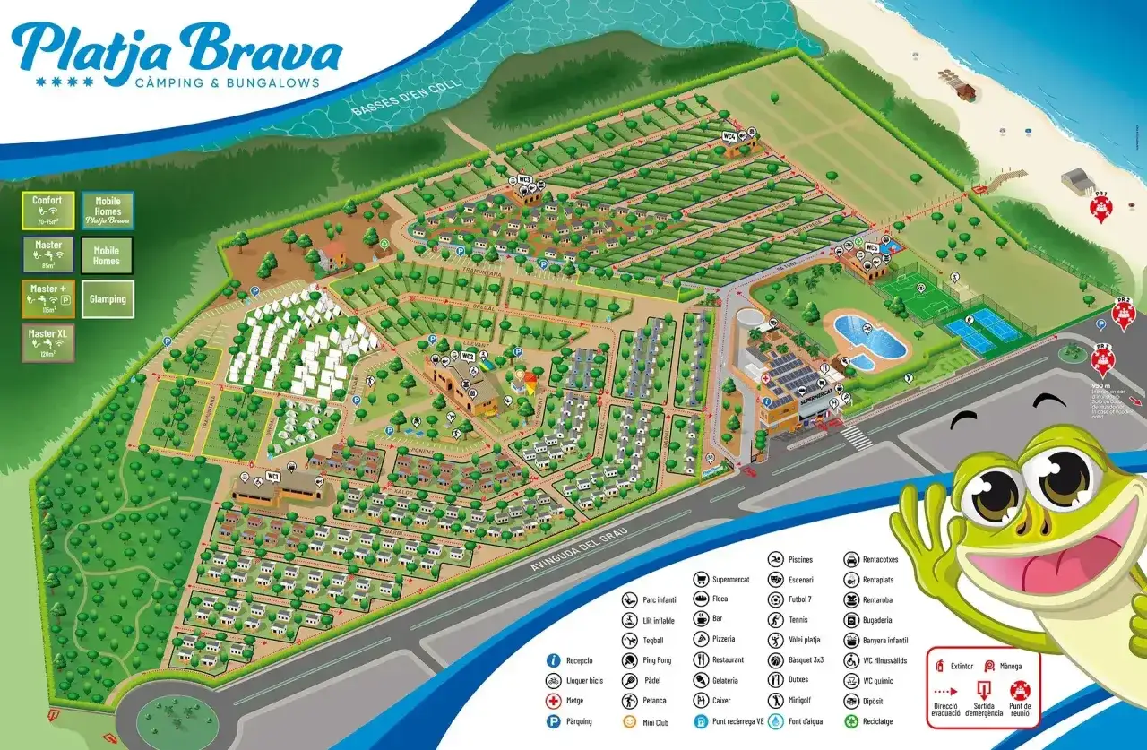 Mapa detallado de Platja Brava, uno de los mejores campings de la Costa Brava, con opciones de glamping, bungalows y parcelas.