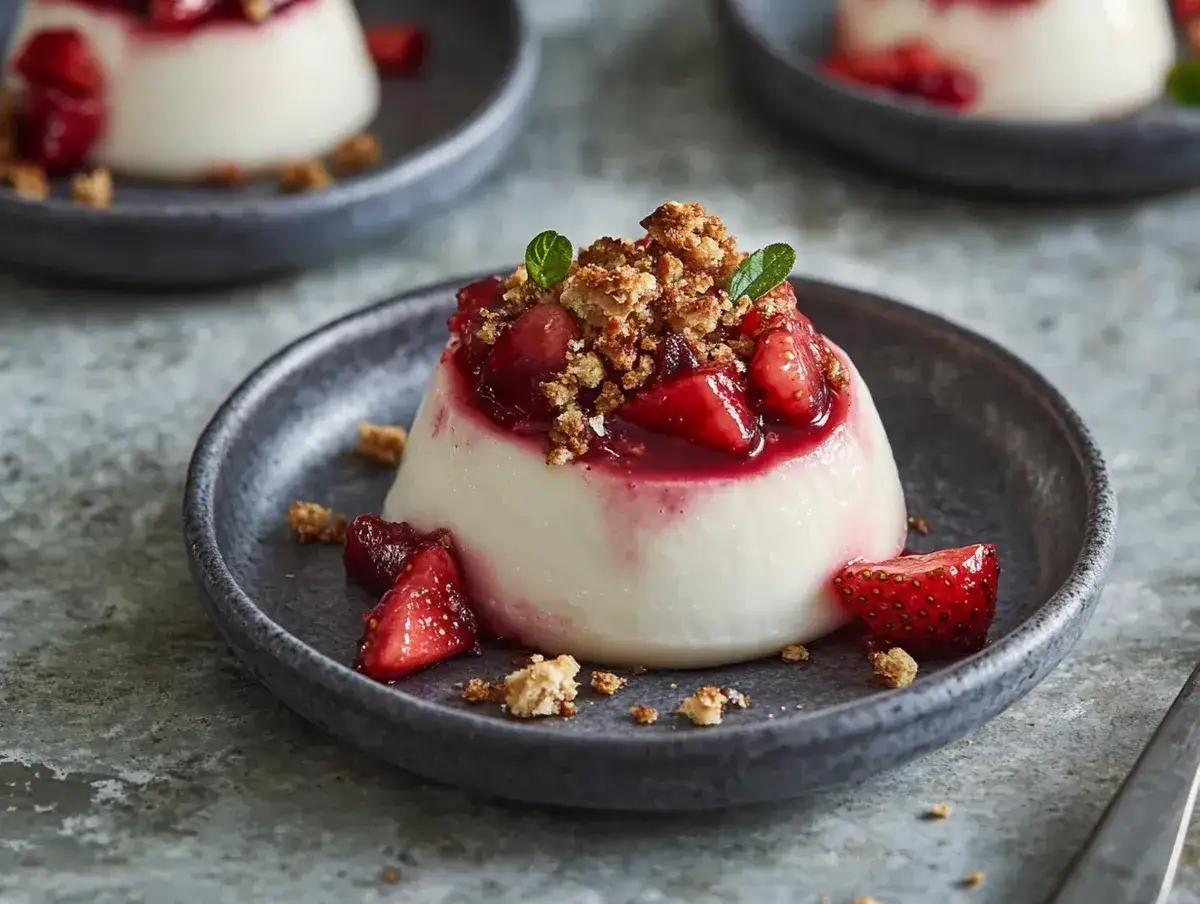 Kr&auml;mig pannacotta glas med jordgubbar och krispigt str&ouml;ssel.