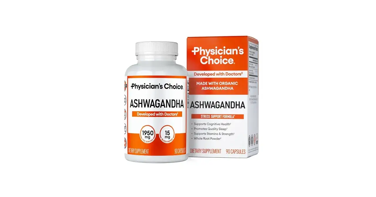 Flacone e scatola di Ashwagandha Physician's Choice. Ideale per chi cerca sollievo dallo stress e miglioramento del sonno, scopri ashwagandha quando prenderla per massimizzare i benefici.