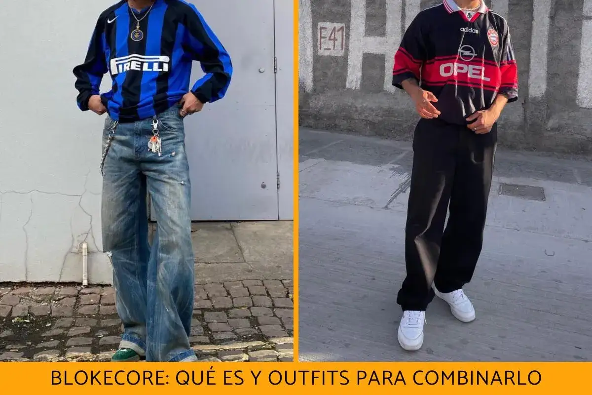 Dos hombres muestran el estilo blokecore: uno con camiseta de fútbol vintage y jeans anchos, el otro con jersey de fútbol y pantalones negros.