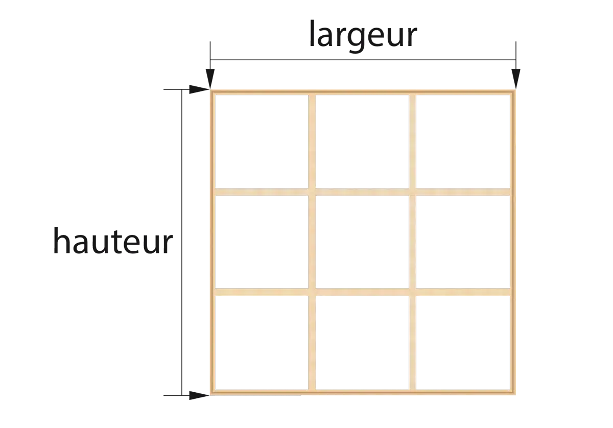 Sch&eacute;ma d'un ch&acirc;ssis avec indication de la largeur et de la hauteur. Id&eacute;al pour calculer les dimensions avant la peinture.