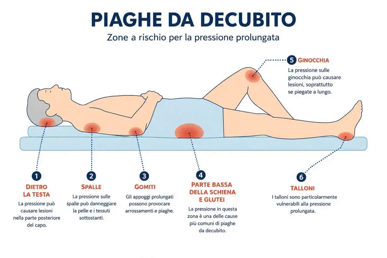 Illustrazione che mostra le zone del corpo più a rischio di piaghe da decubito a causa della pressione prolungata: testa, spalle, gomiti, schiena, glutei, ginocchia e talloni.