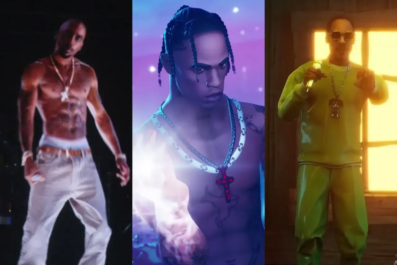 Trzech raperów: Tupac, Travis Scott i Snoop Dogg, w stylizacjach z gry fn meka.