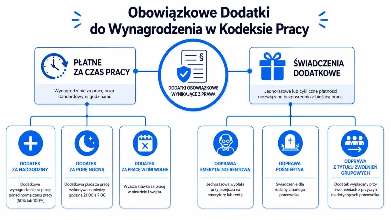 Schemat obowiązkowych dodatków do wynagrodzenia w Kodeksie Pracy: płatne za czas pracy (nadgodziny, pora nocna, dni wolne) i świadczenia dodatkowe (odprawy).