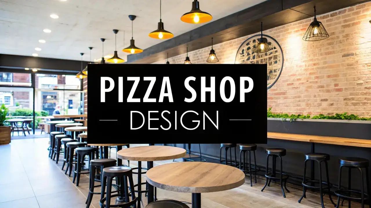 Interni moderni per pizzeria da asporto: tavoli rotondi in legno, sgabelli neri, mattoni a vista e luci industriali.