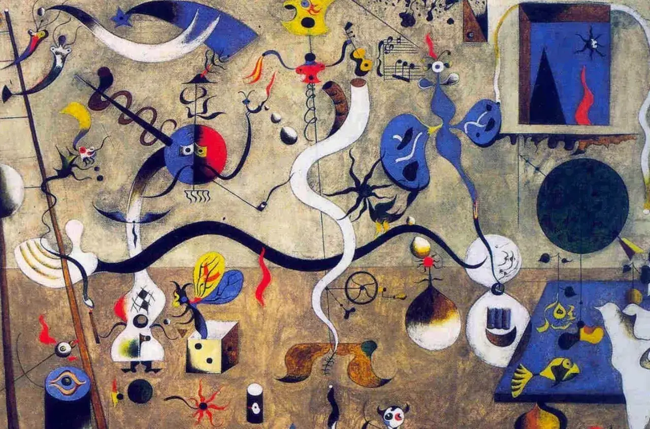 Un tableau surréaliste, style de peinture abstrait, avec des formes organiques et des couleurs vives. Des créatures étranges et des symboles flottent sur un fond texturé.