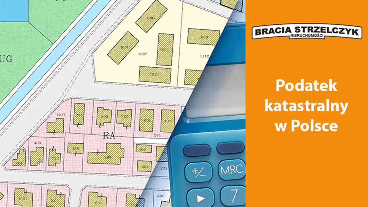Mapa ewidencyjna i kalkulator symbolizują podatek katastralny w Polsce.