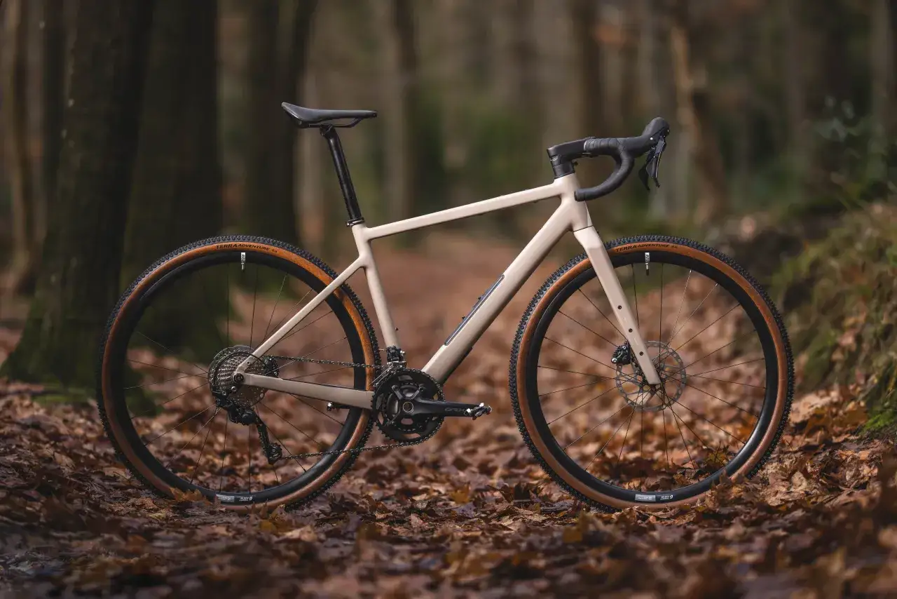 Sandfarbenes Gravelbike von Rose Bikes im Test, bereit für Abenteuer auf Laub bedeckten Waldwegen.