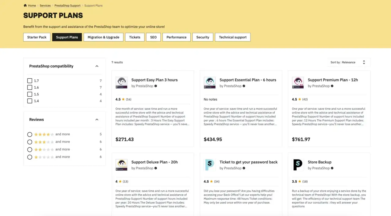 Porównanie planów wsparcia PrestaShop, alternatywa dla WooCommerce. Dostępne plany: Easy, Essential, Premium, Deluxe.