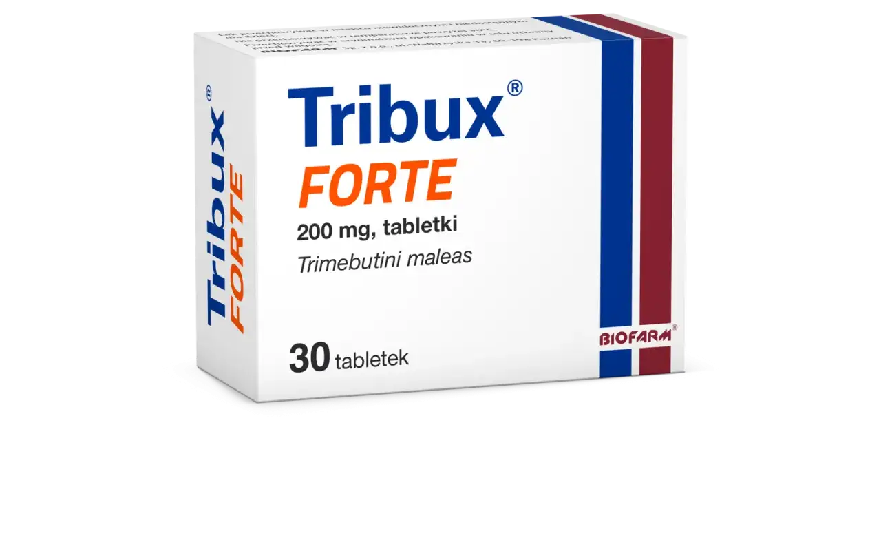 Opakowanie leku Tribux Forte 200 mg, zawierające 30 tabletek. Składnik aktywny to trimebutyny maleinian.