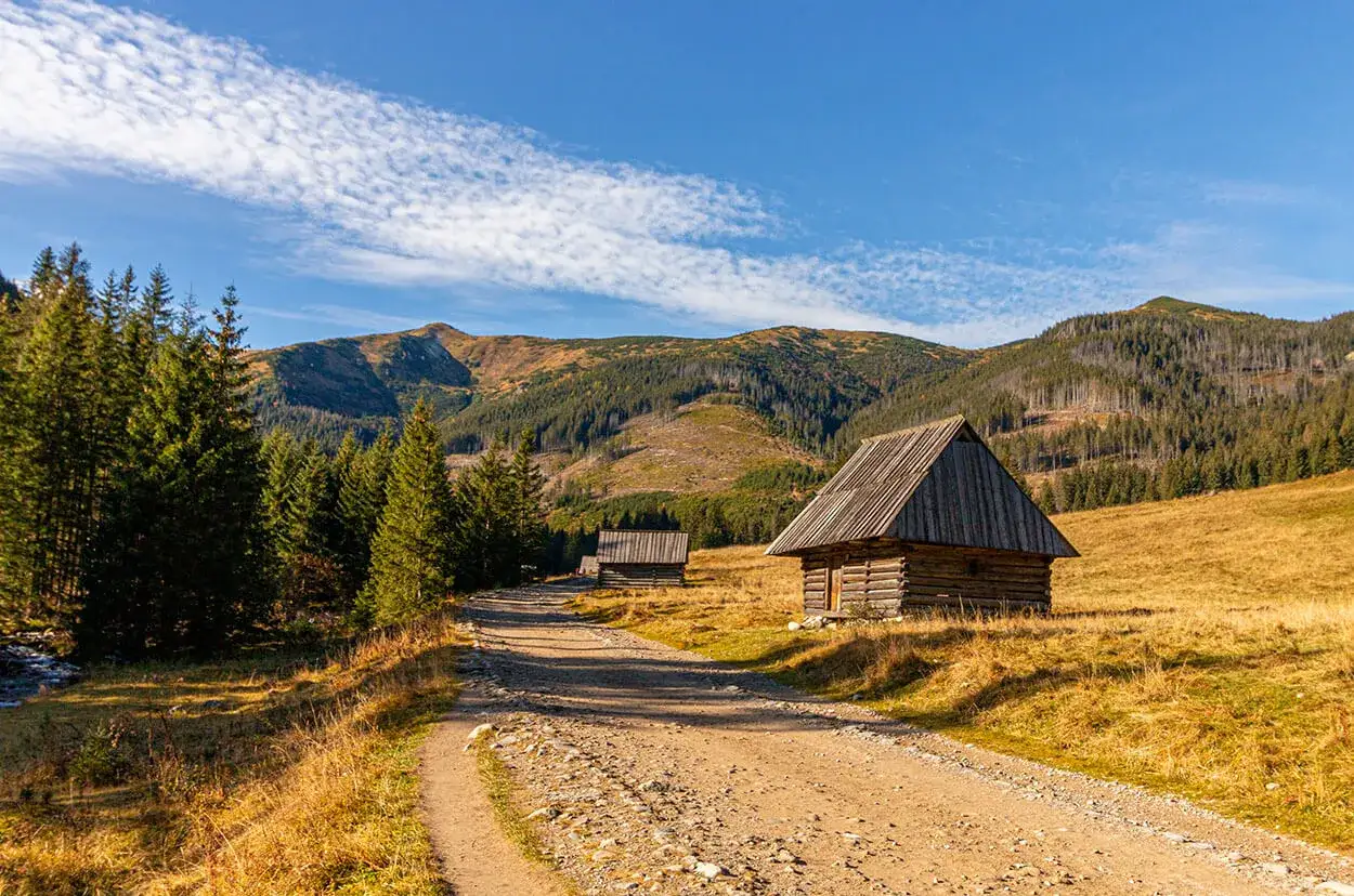 Kamienne chaty pasterskie w Dolinie Chochołowskiej, Zakopane. Droga wśród jesiennych traw i lasów, góry w tle.