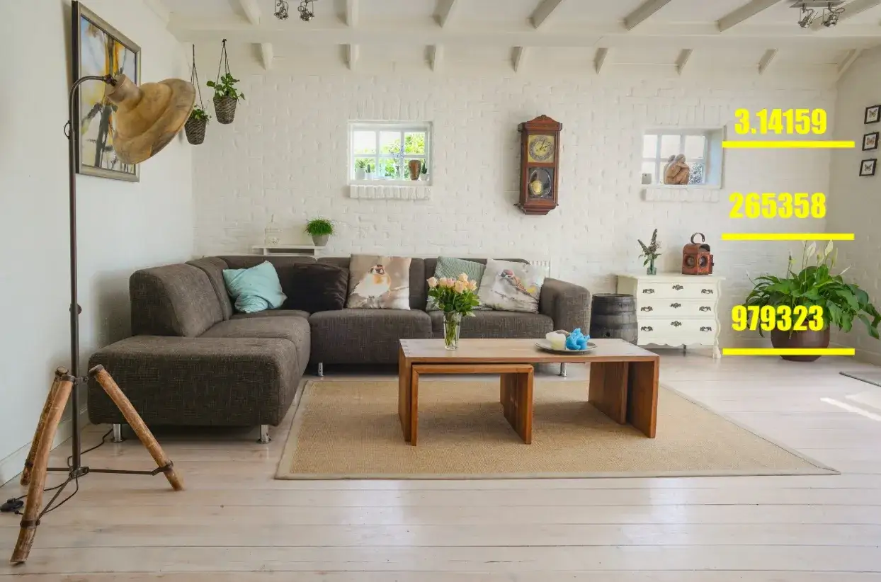 Sala de estar con sof&aacute; marr&oacute;n, mesa de centro de madera y n&uacute;meros amarillos que forman el record numero pi.