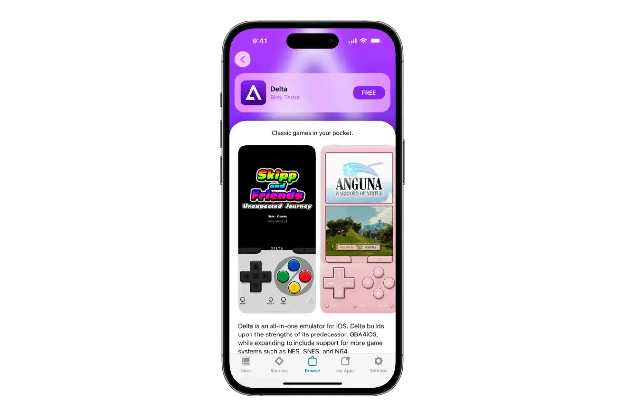 Écran d'iPhone affichant l'application Delta, un émulateur pour iOS, avec des jeux classiques comme
