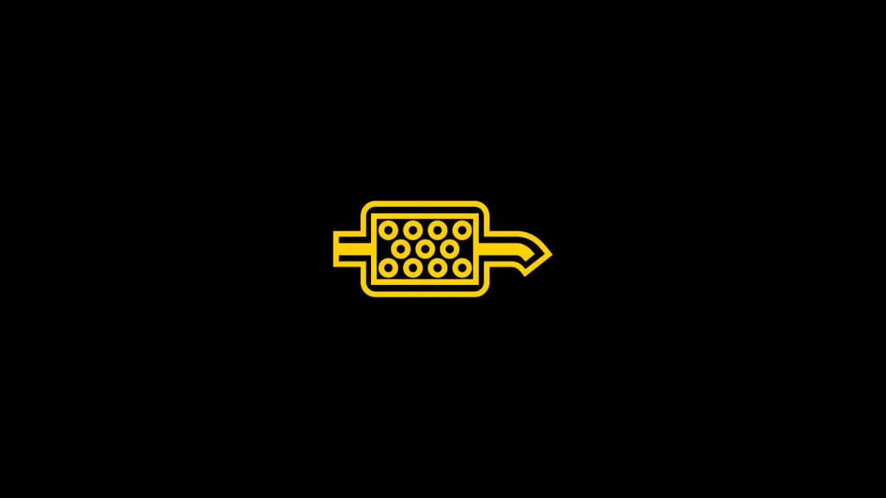 Gelbe Warnleuchte f&uuml;r den DPF (Dieselpartikelfilter). Das Symbol zeigt einen Filter mit vielen kleinen Kreisen und einen Pfeil, der Abgase symbolisiert.