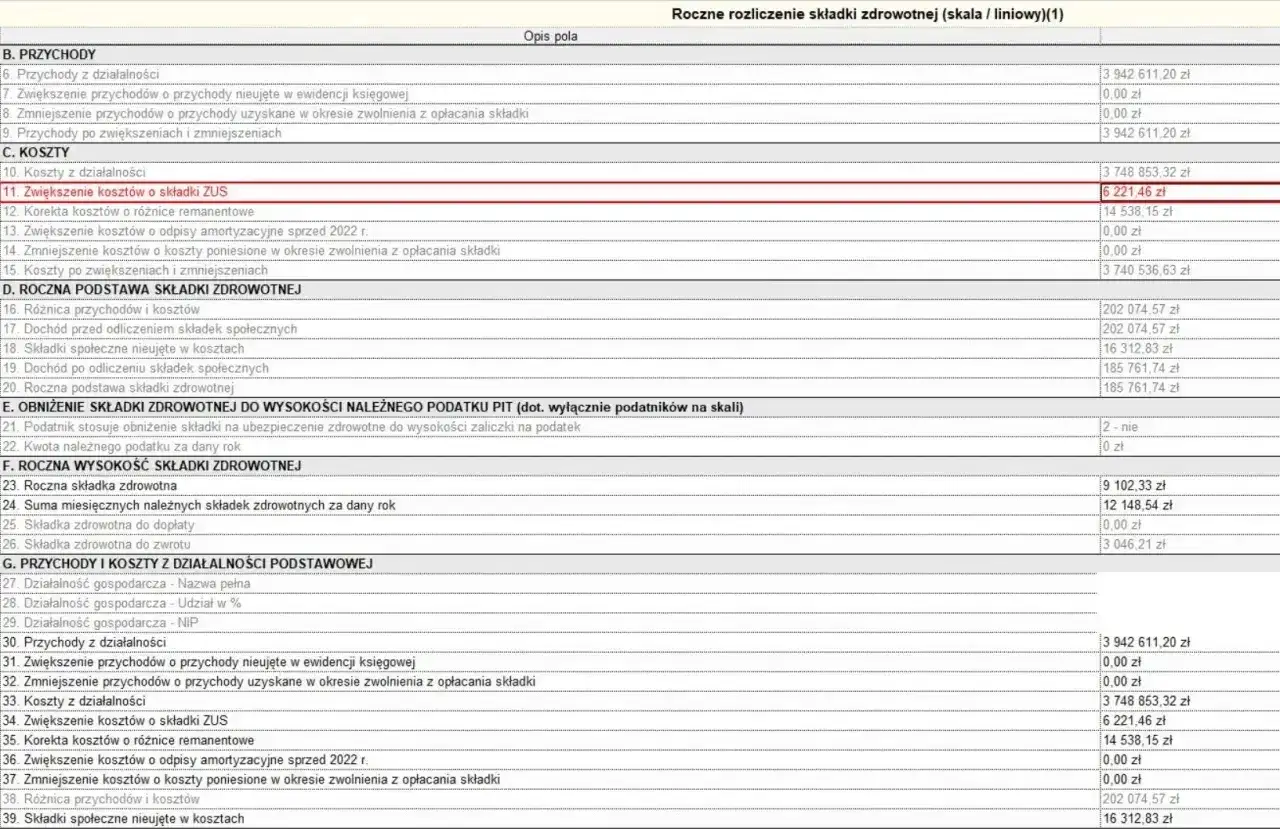Formularz rozliczenia składki zdrowotnej. W sekcji 