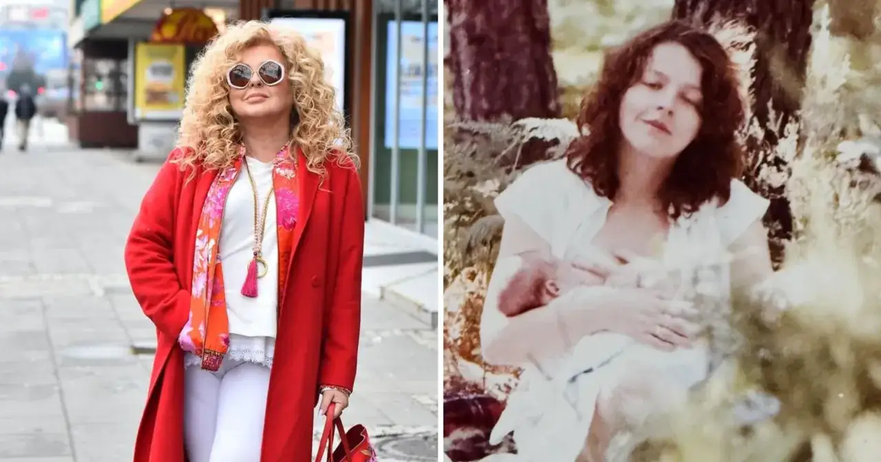 Magda Gessler młoda, karmiąca dziecko na tle drzew. Obok ona współczesna, w czerwonym płaszczu i okularach.