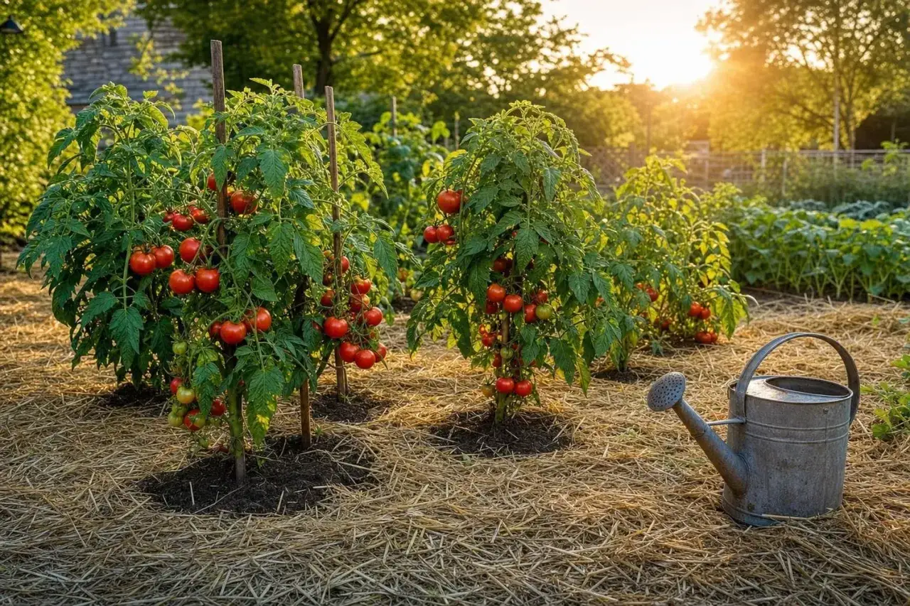 Tomates m&ucirc;res sur des plants soutenus par des piquets, dans un jardin paill&eacute;. Une arrosoir est pos&eacute; &agrave; proximit&eacute;, sugg&eacute;rant que le paillis est id&eacute;al pour savoir que mettre dans le trou de plantation des tomates.