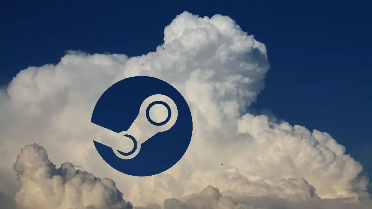 Logo Steam na tle burzowej chmury. Jakby gra w chmurach, gotowa do pobrania.