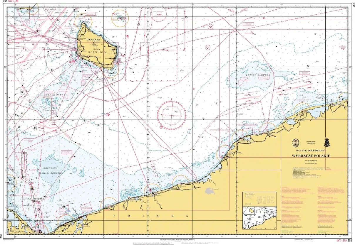 Mapa morska Bałtyku z zaznaczonymi trasami i odległościami. Widoczna wyspa Bornholm i polskie wybrzeże.