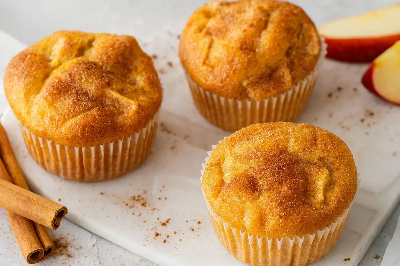 Drei goldbraune Apfelmuffins mit Zimt-Zucker-Streuseln, bereit für ein köstliches apfelmuffins rezept. Zimtstangen und Apfelspalten im Hintergrund.