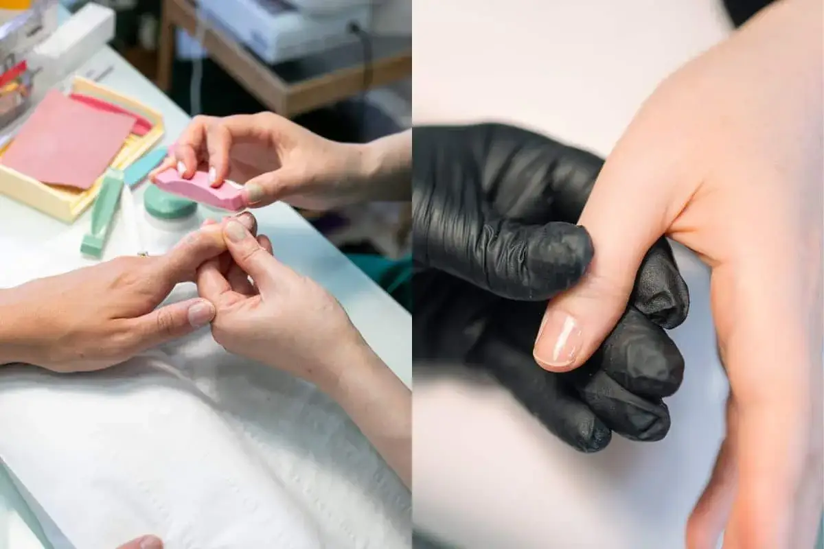 Delikatne polerowanie paznokci podczas japońskiego manicure. Dłonie przygotowywane do zabiegu.