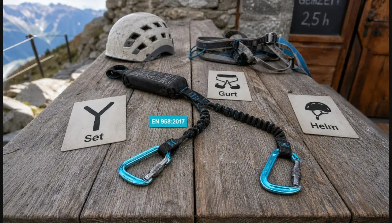 Casque, baudrier et longe pour l'&eacute;quipement via ferrata, pr&ecirc;ts pour l'aventure en montagne.