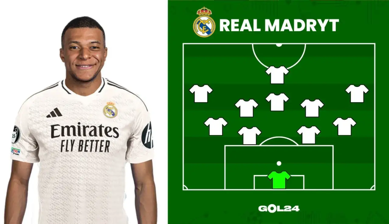 Kylian Mbappé w koszulce Realu Madryt, obok schematu taktycznego drużyny.