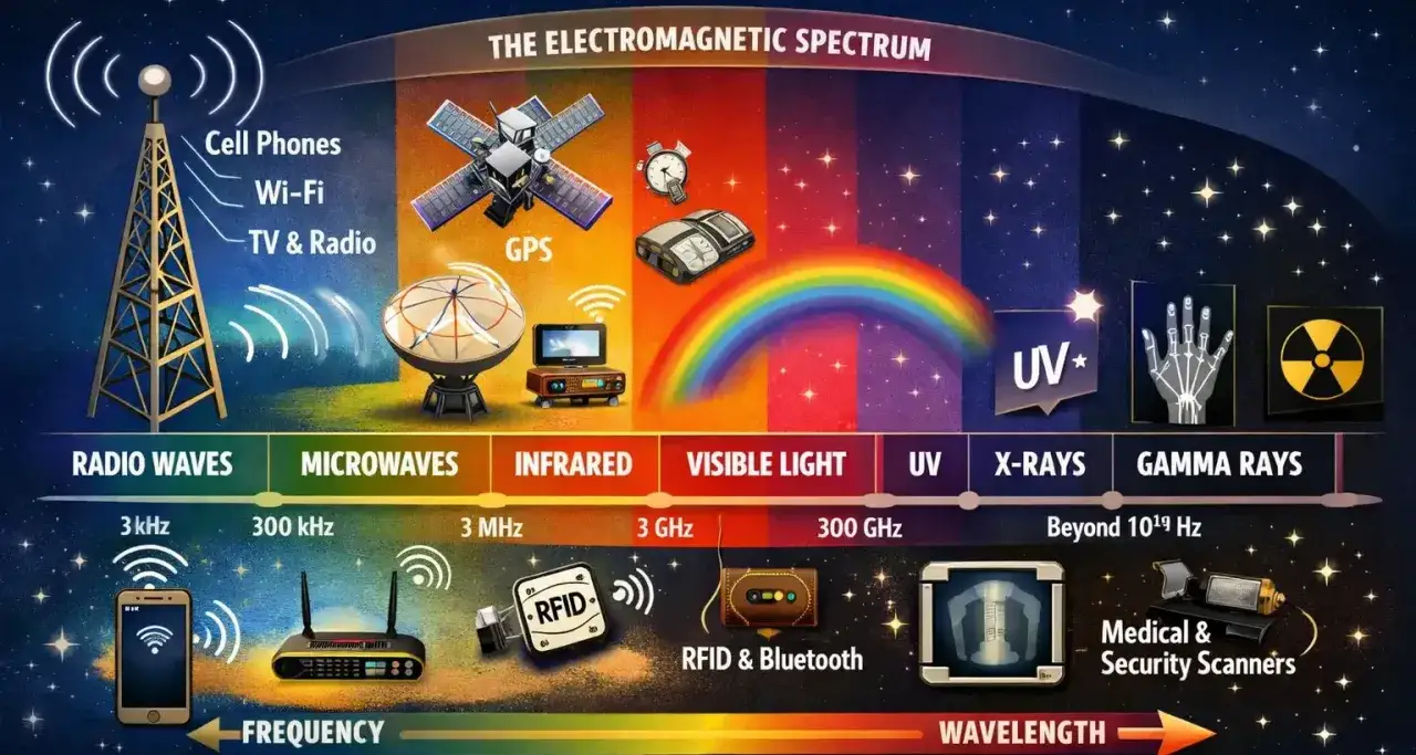 Spektrum elektromagnetyczne: fale radiowe (telefony, Wi-Fi, TV, radio), mikrofale (GPS), podczerwień, światło widzialne, UV, rentgenowskie, gamma.