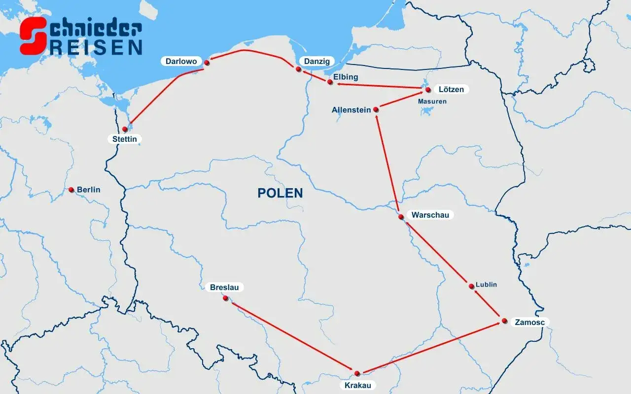 Karte zeigt eine Autoreise von Berlin nach Polen &uuml;ber Stettin, Danzig, Allenstein, Warschau, Lublin und Krakau.