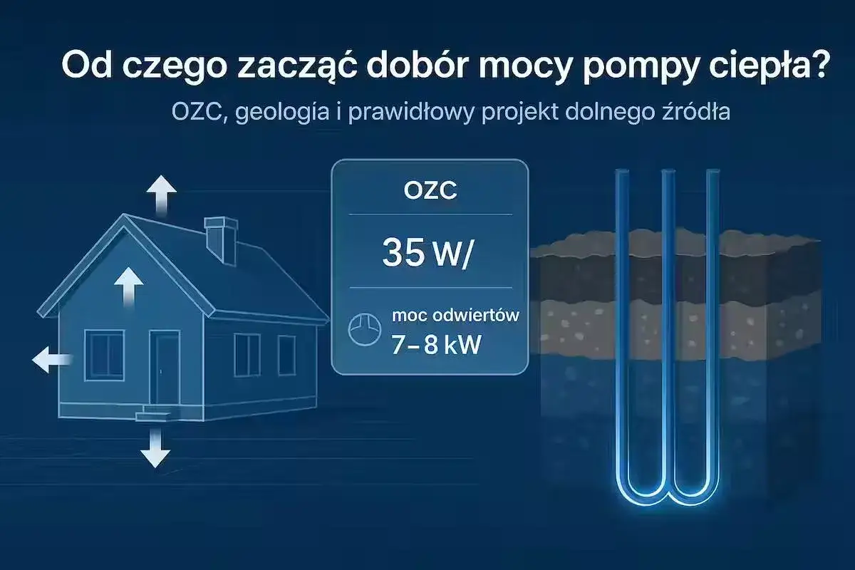 Dob&oacute;r mocy pompy ciepła 7-8 kW. Schemat przedstawia dom, odwierty pionowe i dane OZC.