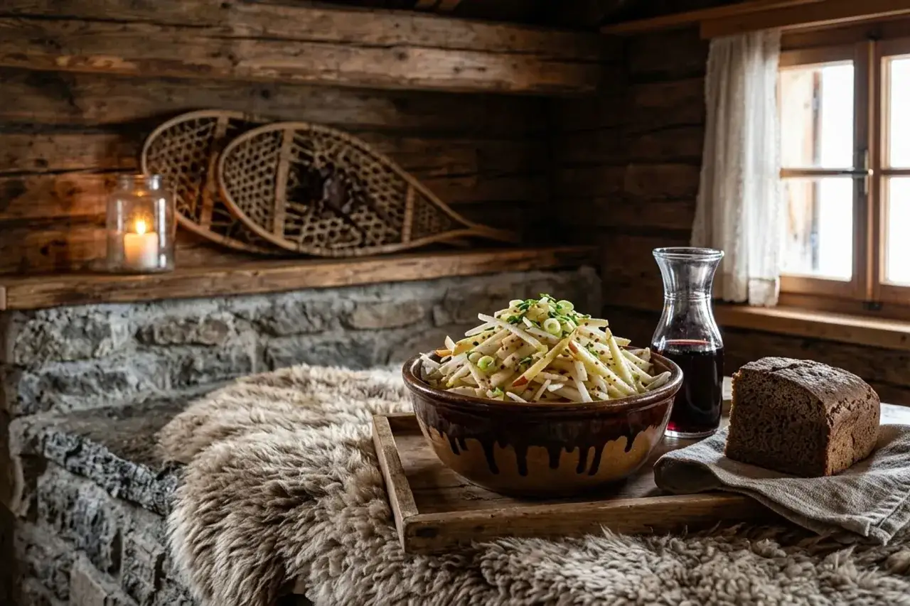 Rustikaler Apfelsalat mit Apfelessig Anwendung, dazu Brot und Rotwein in einer Berghütte.