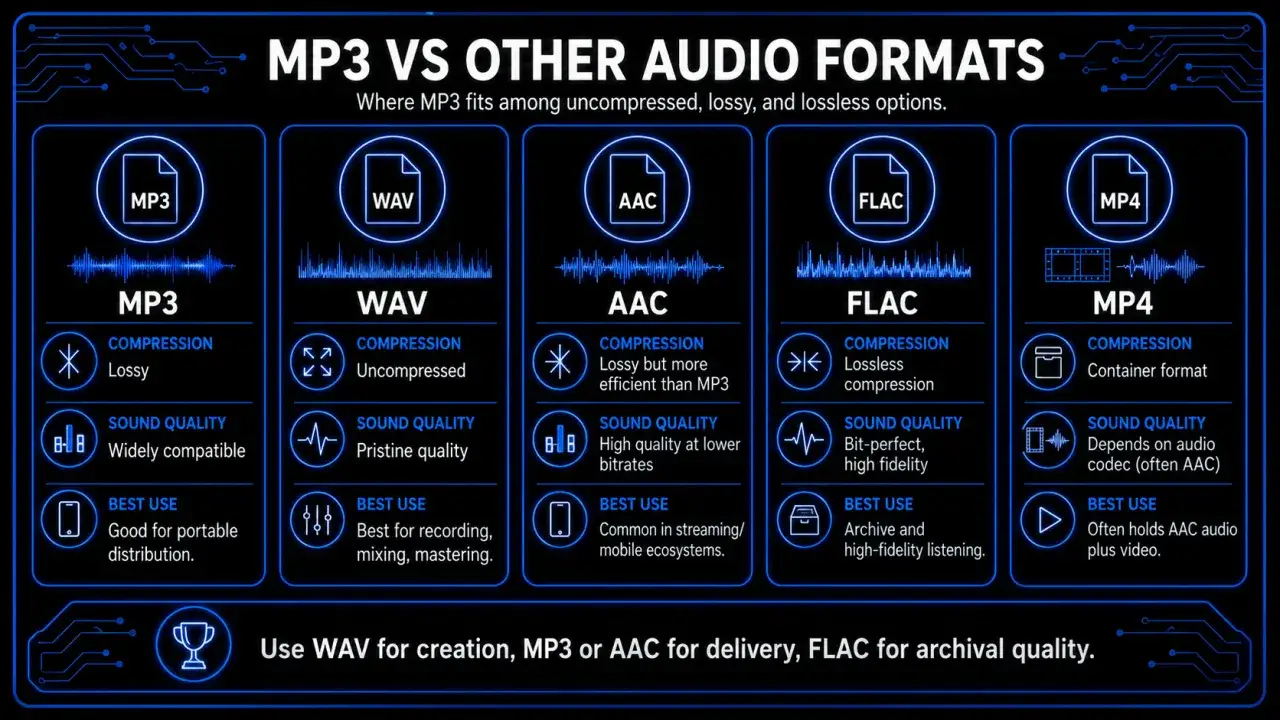 Porównanie formatów audio: MP3 (stratny, kompatybilny), WAV (bezstratny, czysty), AAC (stratny, wydajny), FLAC (bezstratny, wysoka jakość) i MP4.