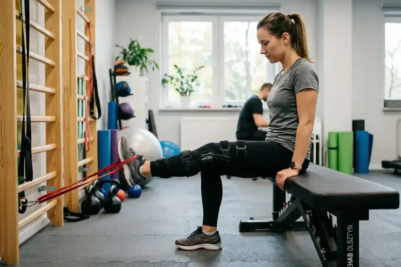 Kobieta w ortezie na kolanie ćwiczy nogę z gumą rehabilitacyjną, by pokonać chorobę zwyrodnieniową stawów.
