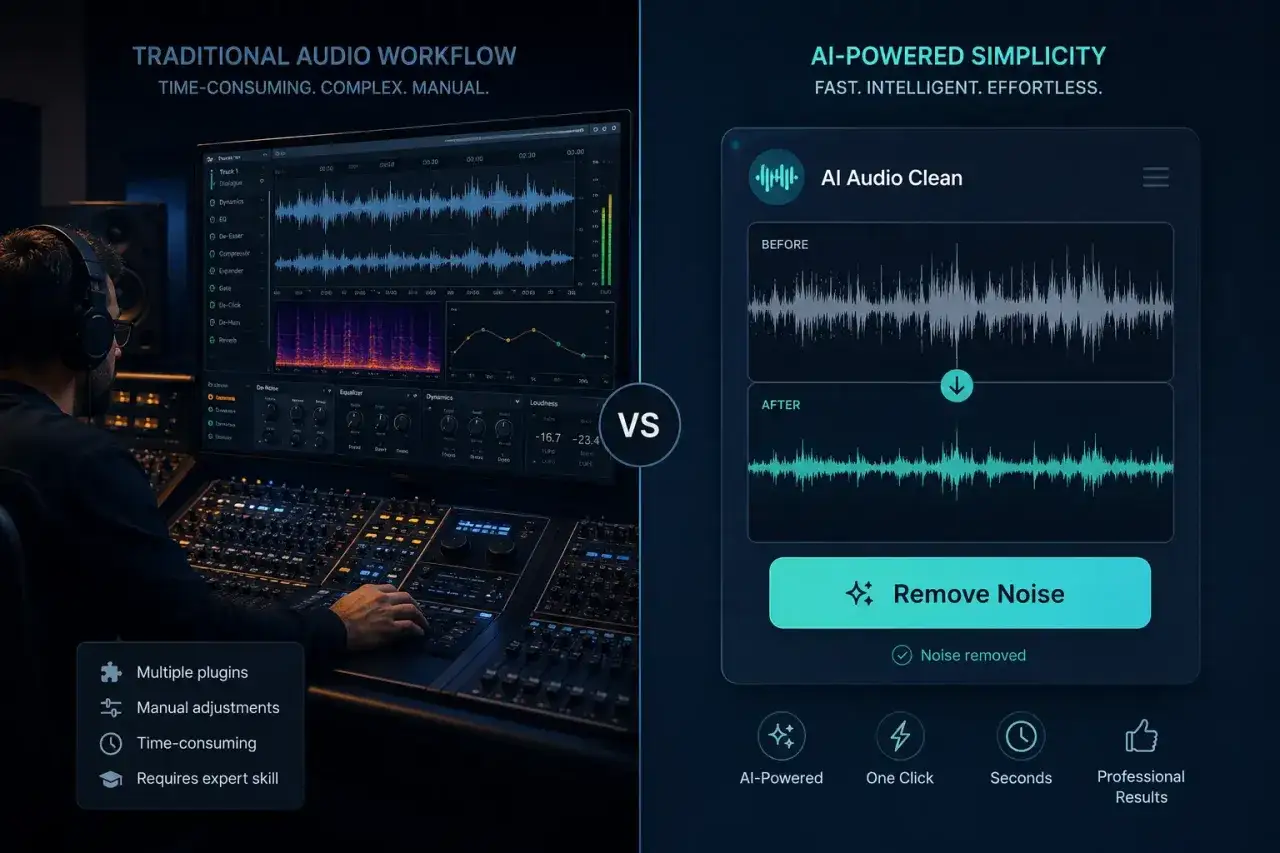 Traditional audio editing vs. AI-powered simplicity. Discover a free noise reduction plugin that makes audio cleanup fast and effortless.