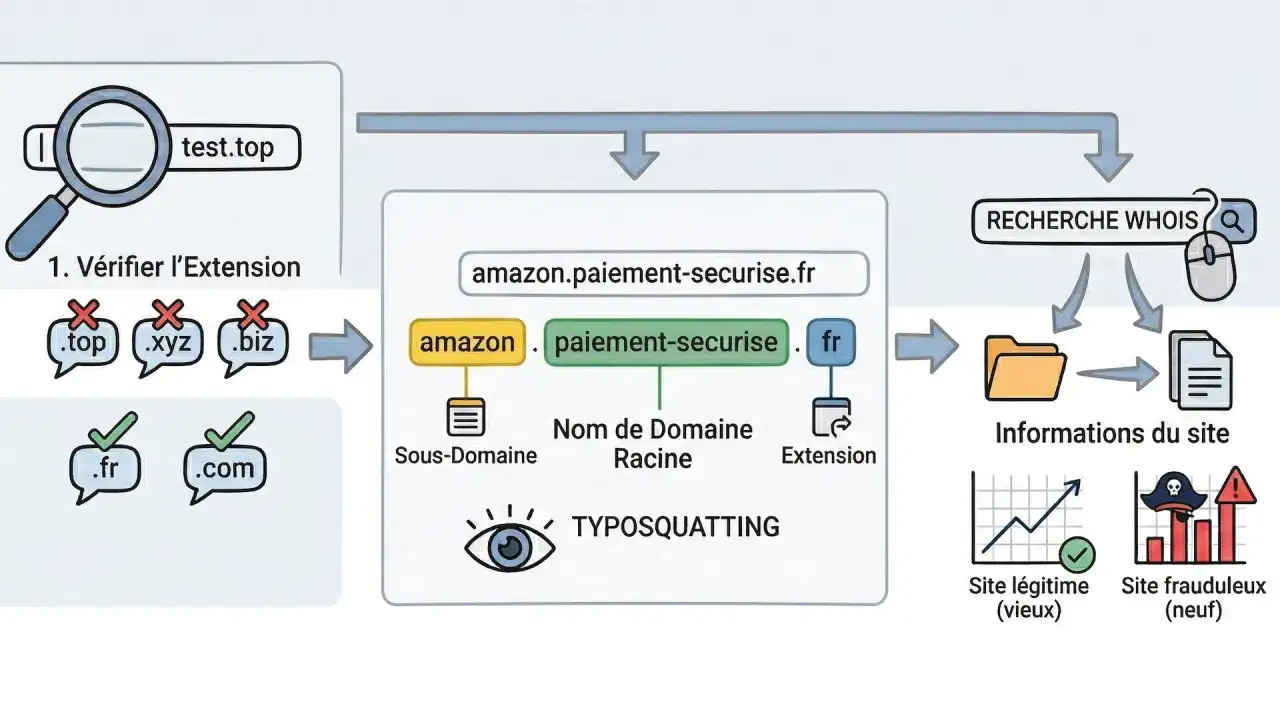 Schéma expliquant comment identifier un site frauduleux en vérifiant l'extension du domaine et en analysant les informations WHOIS.