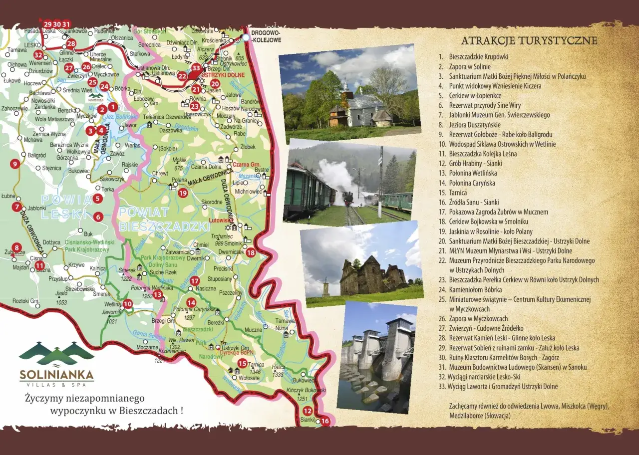Mapa Bieszczad z atrakcjami turystycznymi: zabytkowe cerkwie, muzea, zapory i malownicze krajobrazy.