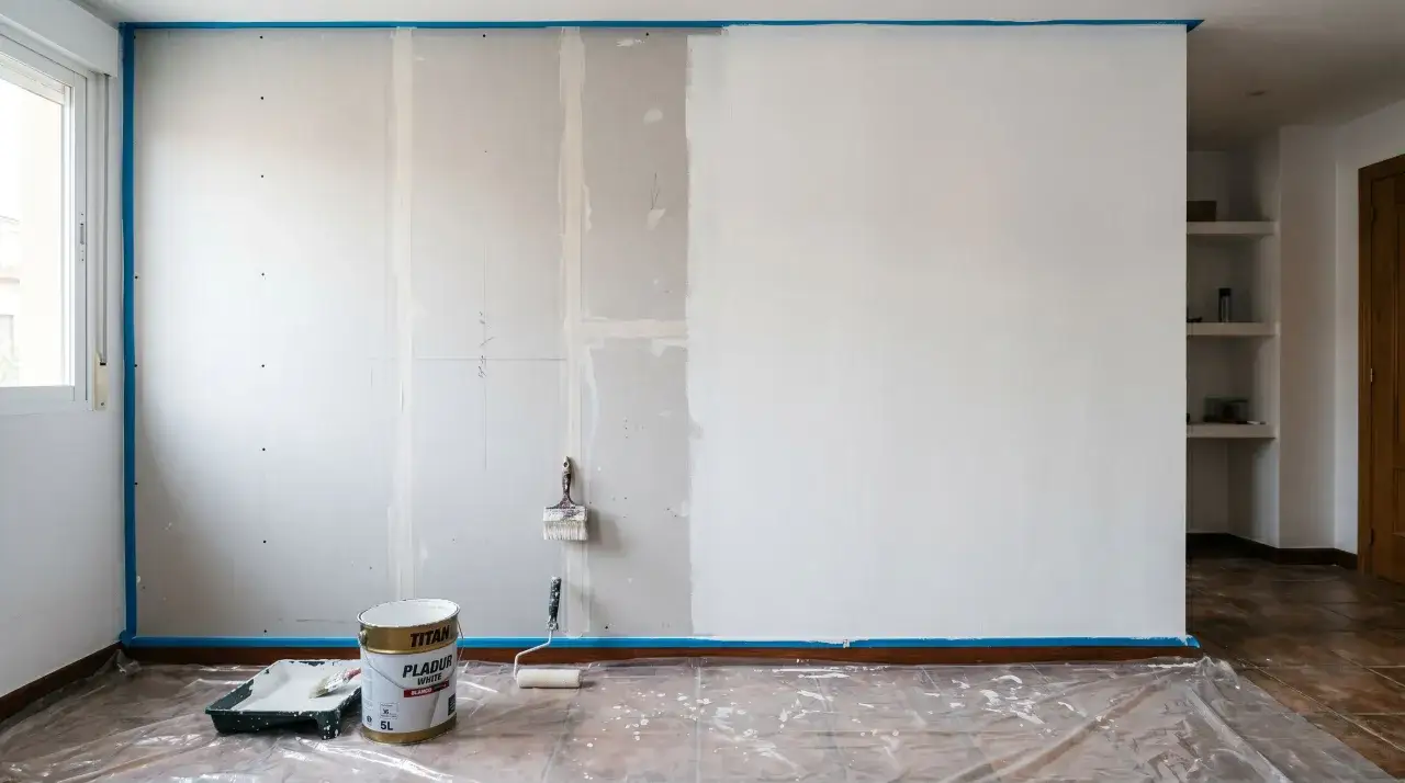 Preparando la pared para pintar, con rodillo, brocha y pintura. El proceso de lijar paredes es clave para un acabado perfecto.