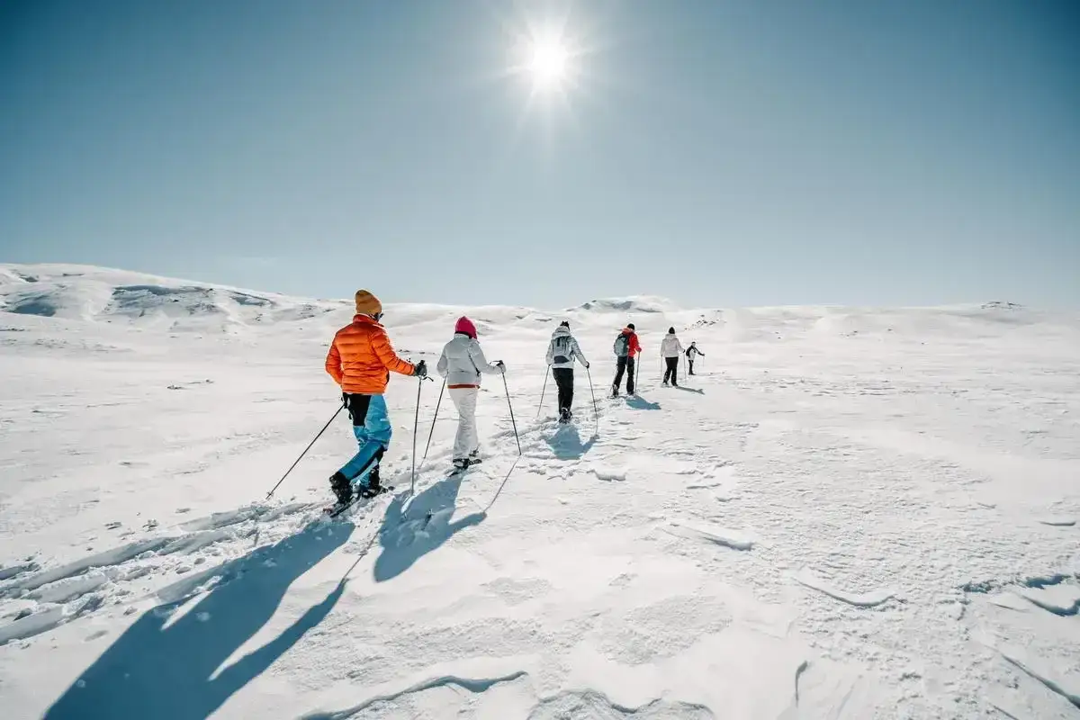 Grupo de personas camina con raquetas de nieve por el puerto de la Ragua bajo un sol radiante.