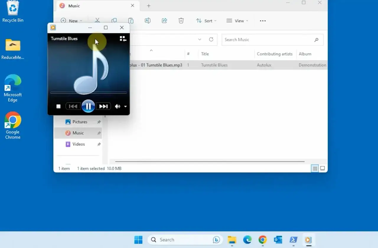 A music player window shows